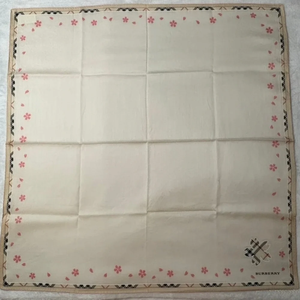 Vtg BURBERRY Scarf Handkerchief Cherry Blossom Cream 19.5